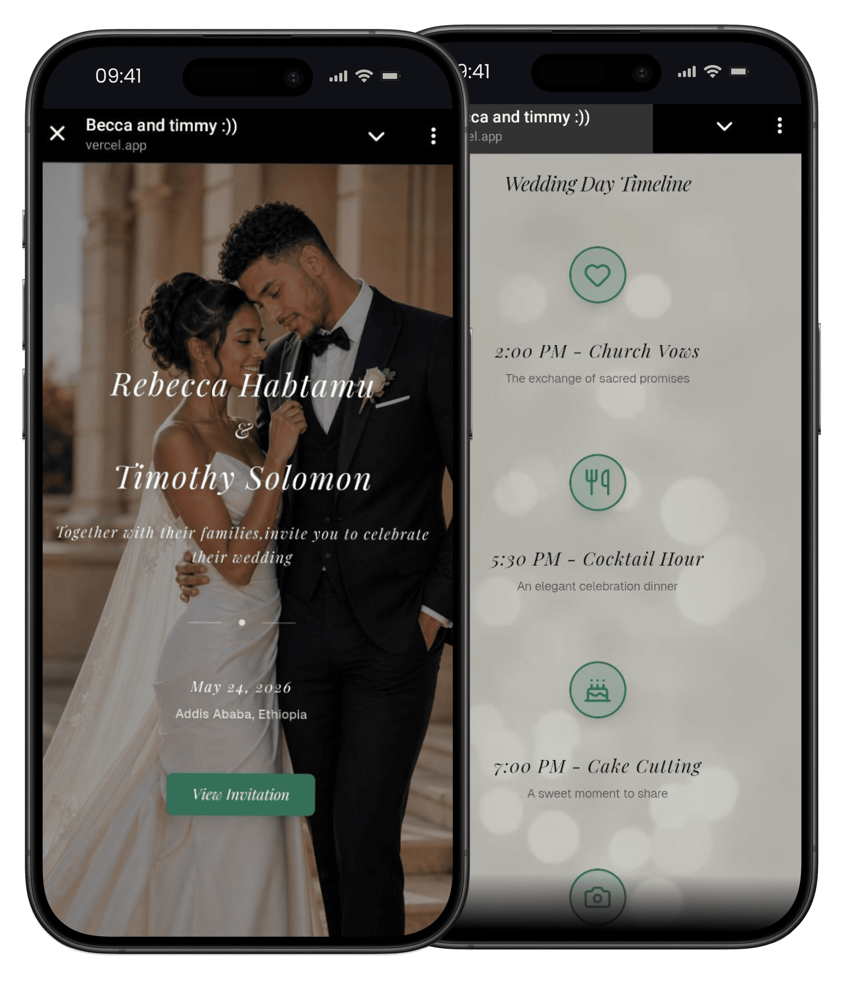 Rebecca and Timothy wedding page mobile mockup